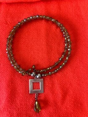 Olive Green Faceted Beaded Wrap Necklace with Square 925 Silver Pendant